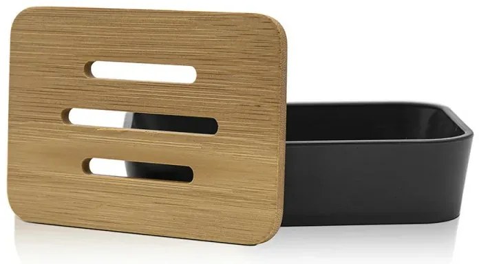 Portasaponetta in finitura nera opaca con inserti in bambù