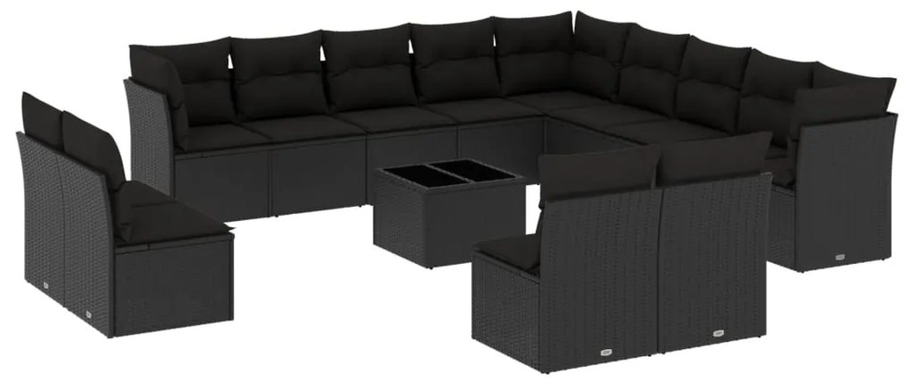 Set divani da giardino 14pz con cuscini in polyrattan nero
