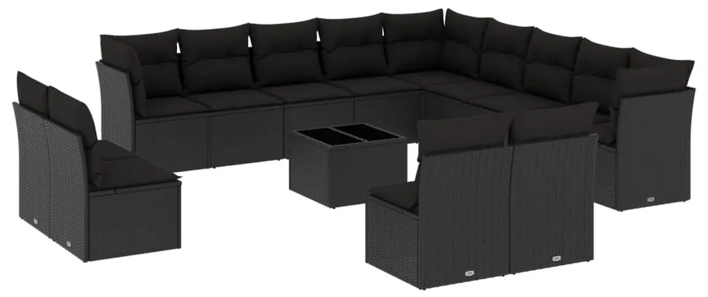 Set divani da giardino 14pz con cuscini in polyrattan nero