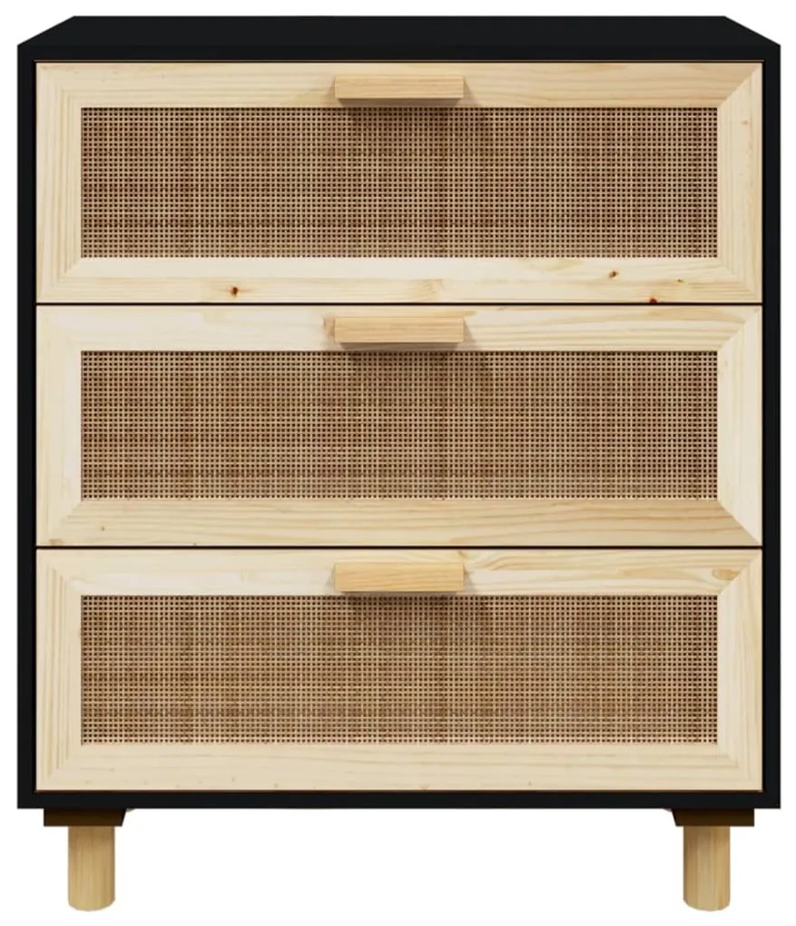 Credenza nera 60x30x70 cm legno massello pino e rattan naturale