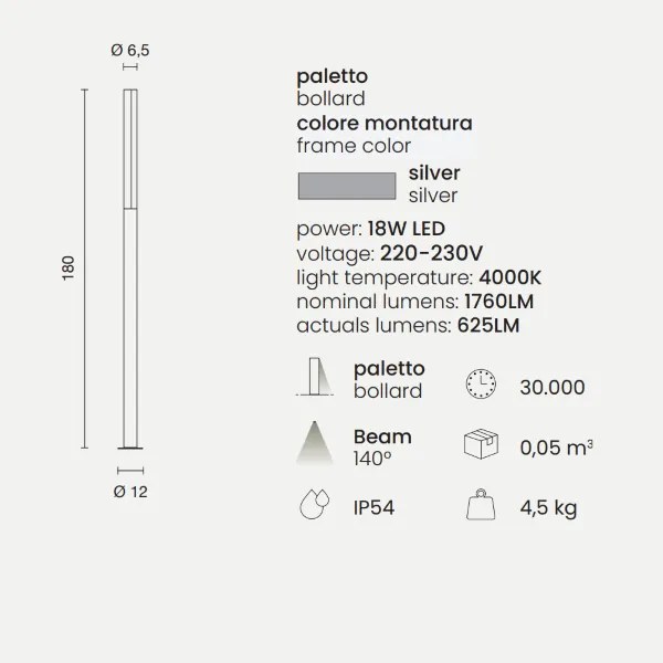Paletto per esterni a LED in alluminio Silver TOMMY H180 cm