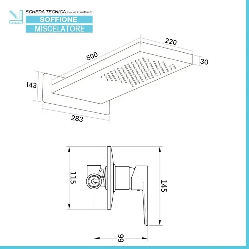 Set doccia incasso Erika nero opaco con soffione doccia a muro inox 22x50