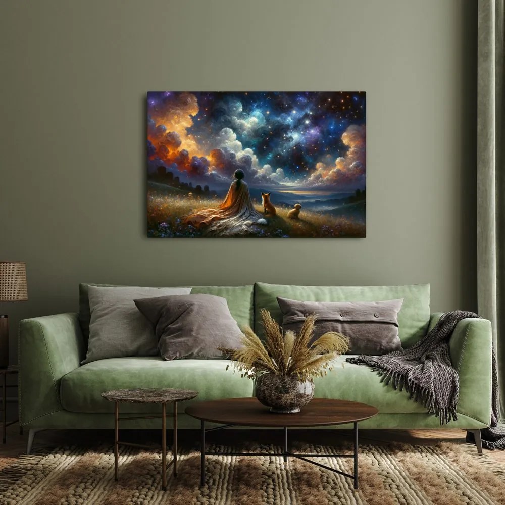 Quadro su tela – Figura con animali sotto le stelle