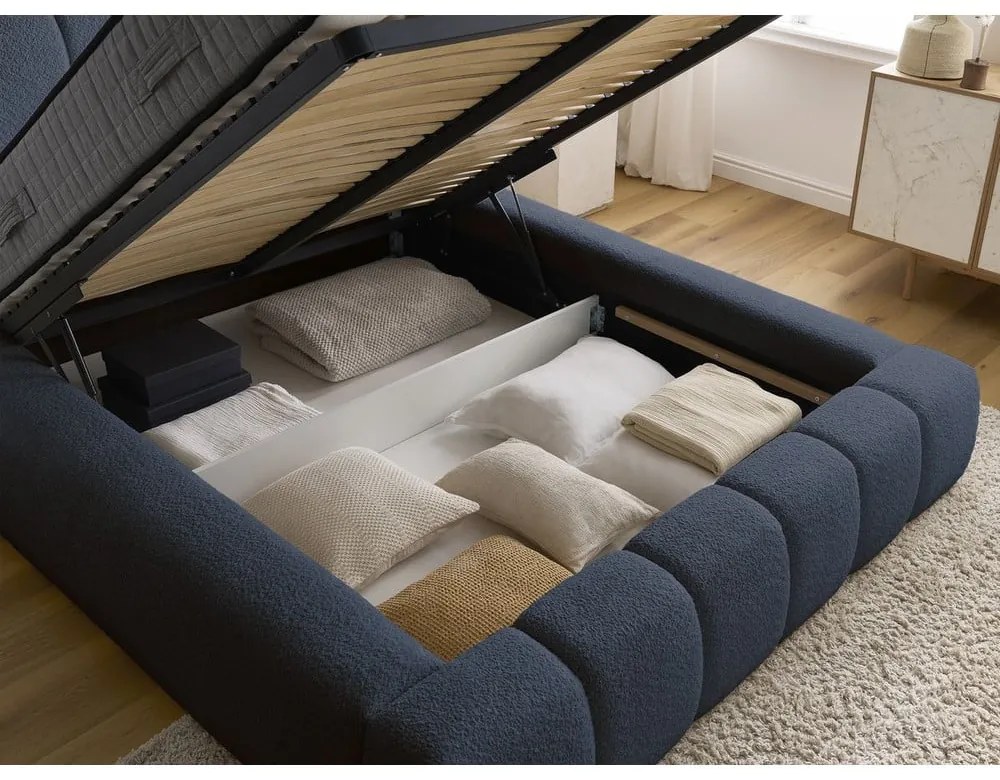 Letto matrimoniale imbottito blu scuro contenitore e rete inclusi 160x200 cm Denali - Bobochic Paris