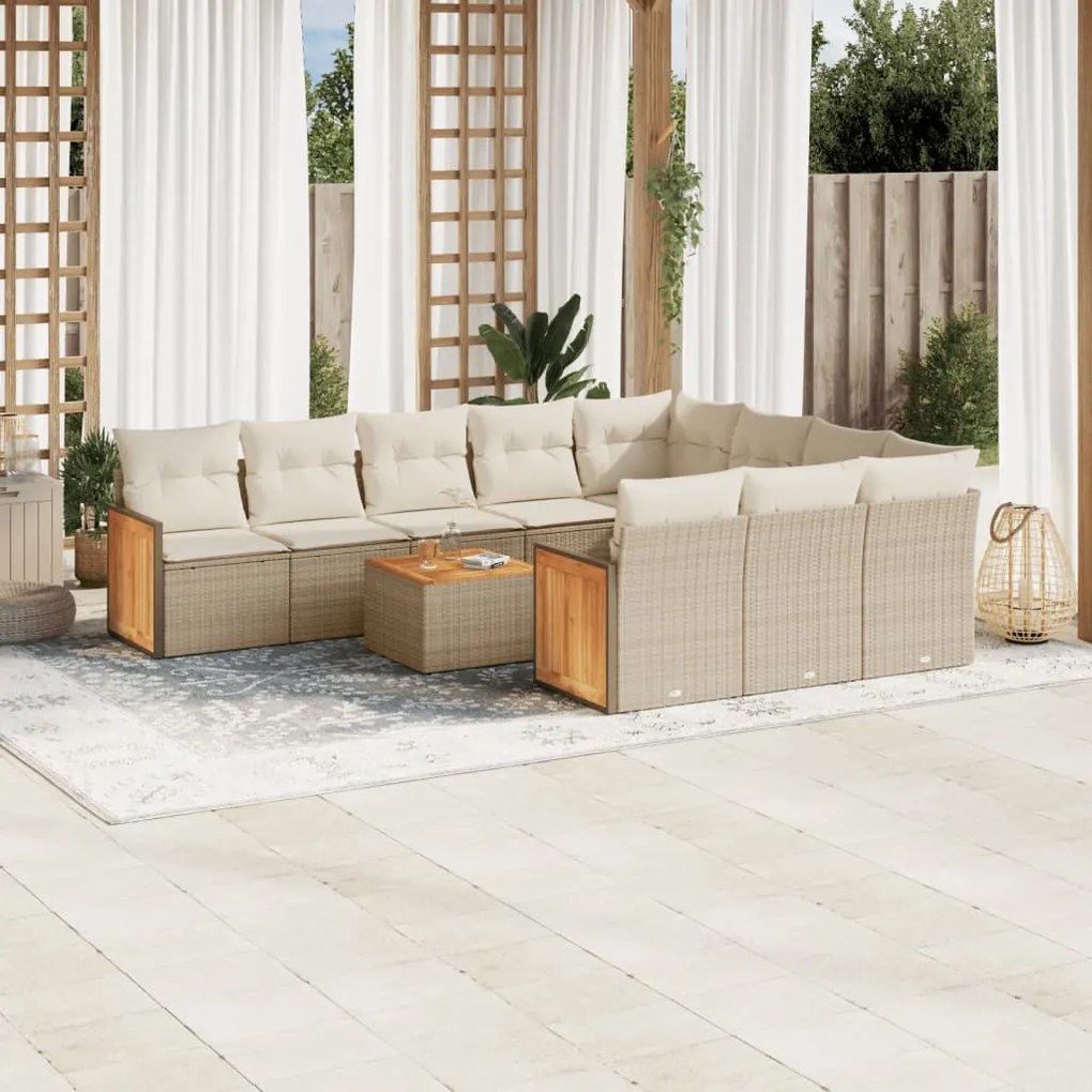 Set divani da giardino 11 pz con cuscini beige in polyrattan