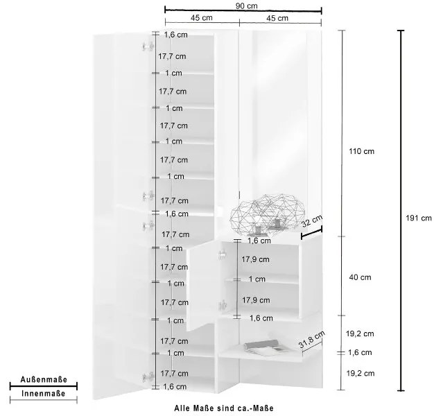 Set Ingresso Moderno KOMPACT 2 Pezzi – 90x35x191 cm, Specchio e 10 Ripiani