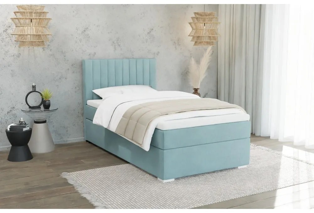 Letto singolo imbottito con contenitore azzurro con materasso e topper inclusi 90x200 cm Bunny – Ropez