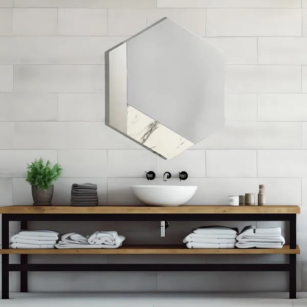 Specchio 70x80 cm decori foglia argento e marmo laminato bianco - CHARLIE