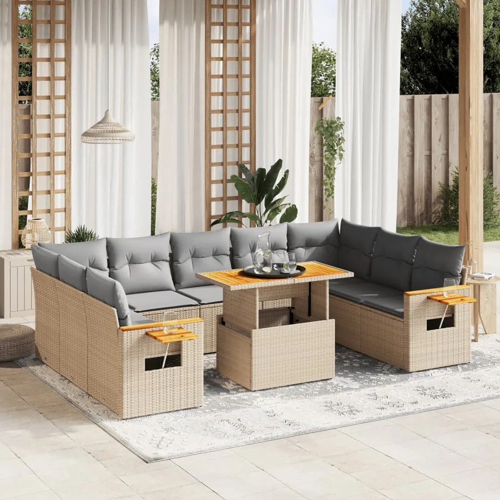 Set divani da giardino 11 pz con cuscini beige in polyrattan