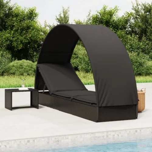 Lettino con Tetto Rotondo Nero 211x57x140 cm Polyrattan