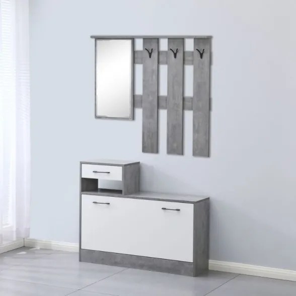 Mobile ingresso con specchio e scarpiera cemento e bianco Rudolf XL