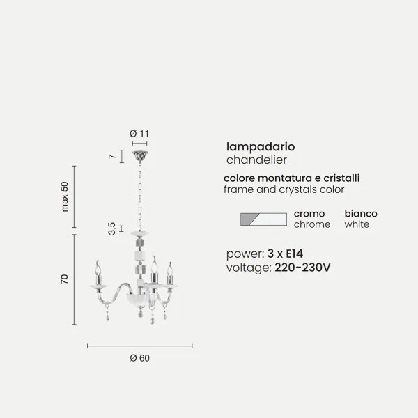 Lampadario sospeso LIVIA in vetro e cristallo D60 cm Bianco 3 luci
