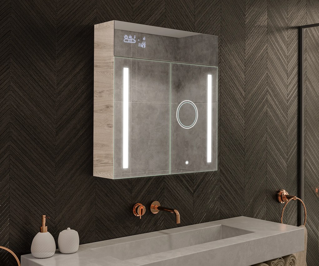 Mobile bagno con specchio LED illuminato - 66,5 x 72 cm con ripiani in vetro nel colore Rovere Oslo, in legno, di Artforma