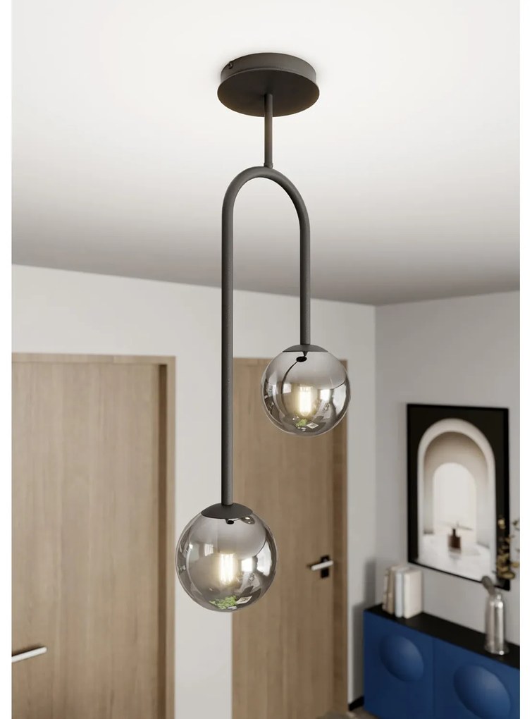Lampada A Soffitto 2 Luci Kine In Acciaio Nero E Sfere In Vetro Fumè