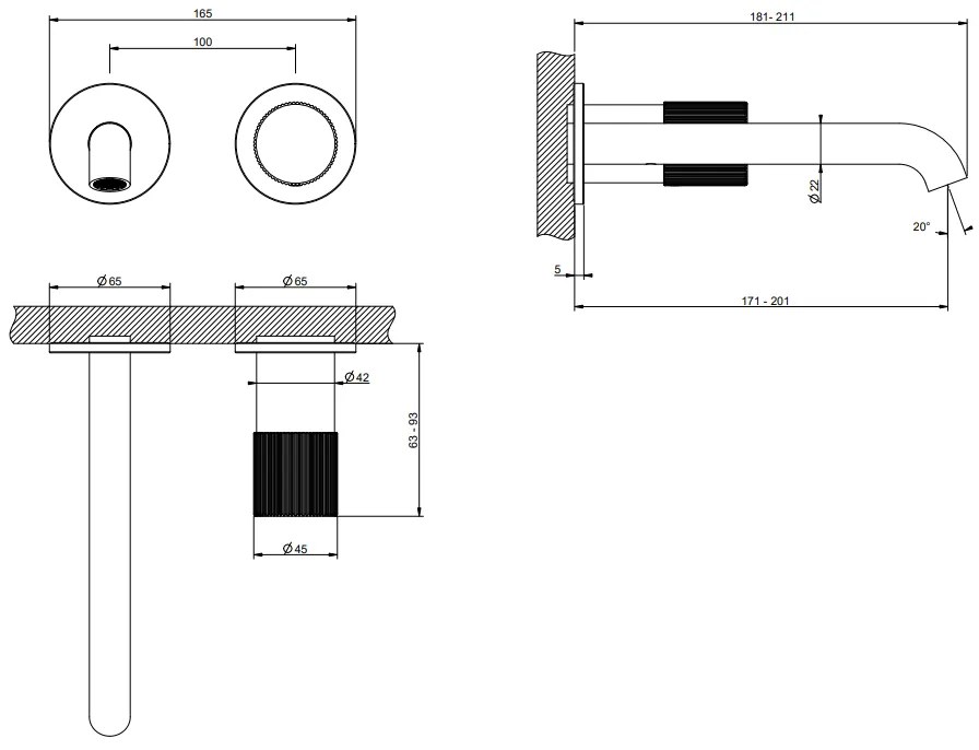 Parte esterna miscelatore lavabo da parete brass brushed rigato habito 70588 gessi