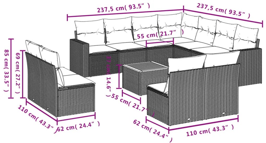 Set divani da giardino 12 pz con cuscini nero in polyrattan