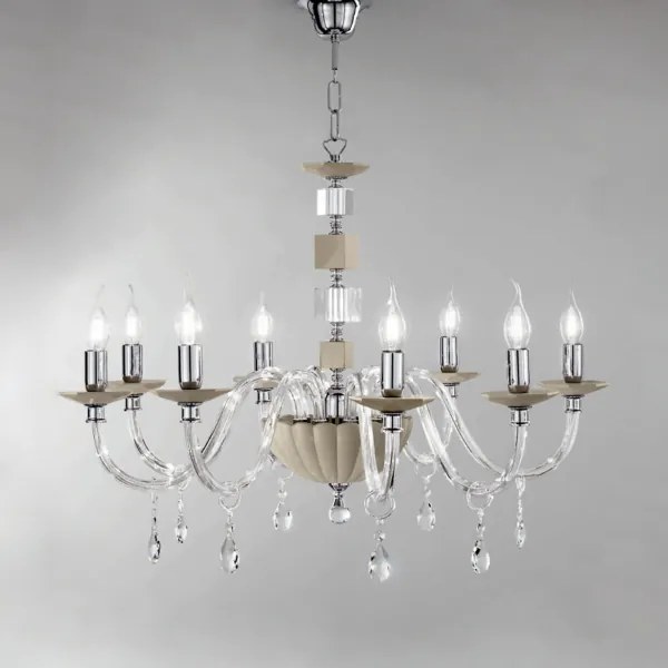 Lampadario sospeso LIVIA D85 cm in vetro e cristallo Tortora 8 luci