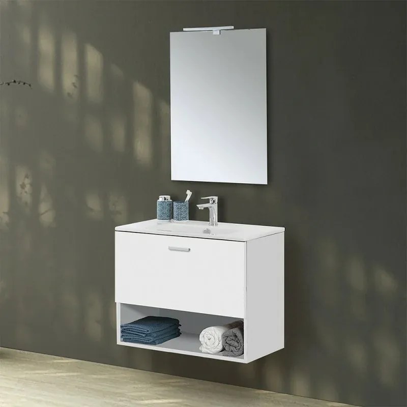Mobile bagno sospeso 80 bianco con lavabo e specchio LED Martha