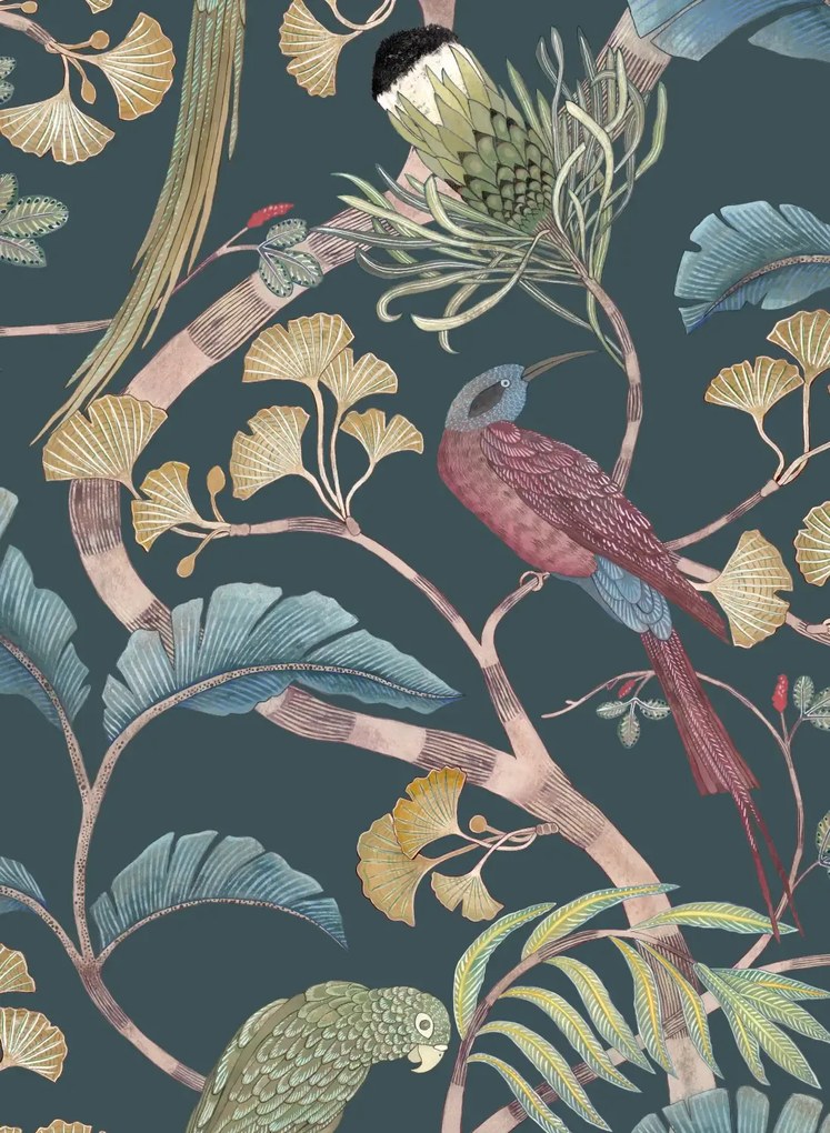 Josephine Munsey Carta da parati Living Branches - Dark Teal/ Yellow/ Olive
