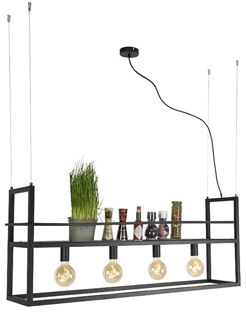 Lampada a sospensione industriale nera con mensola grande 4 luci - Cage Rack
