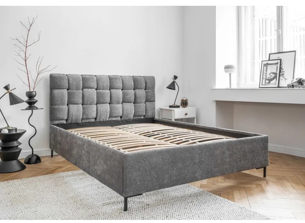 Letto matrimoniale imbottito grigio con rete inclusa 160x200 cm Eve – Miuform