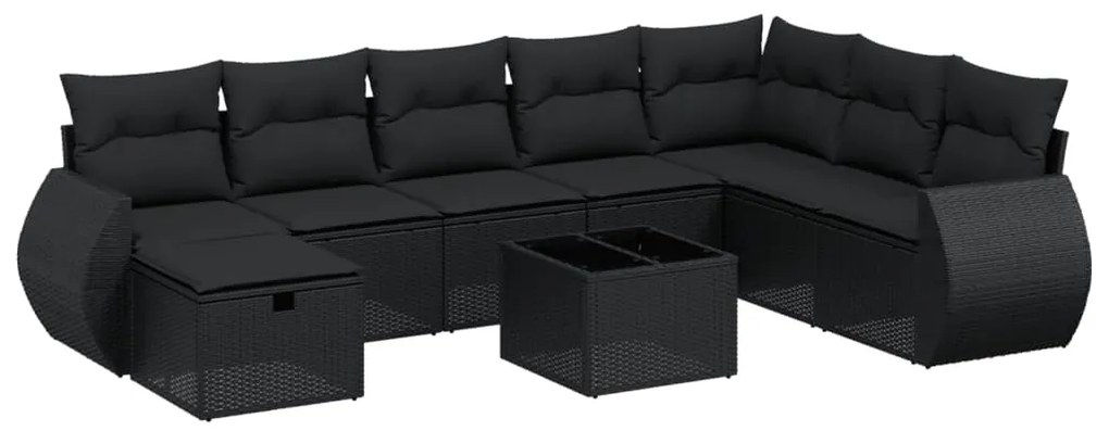 Set divani da giardino 9 pz con cuscini nero in polyrattan