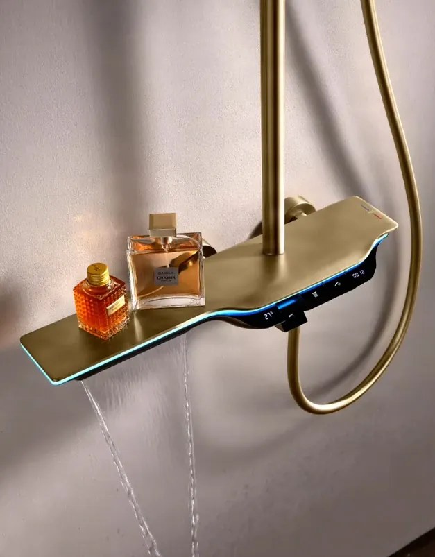 Pannello doccia termostatico ELITE EDITION BSE1420 a vista con schermo LED, getto a cascata e più finiture — Oro spazzolato