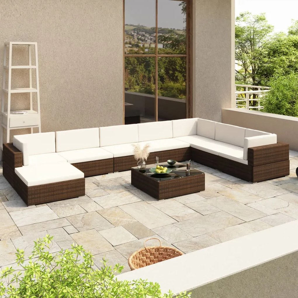 Set divani da giardino 8 pz con cuscini in polyrattan marrone