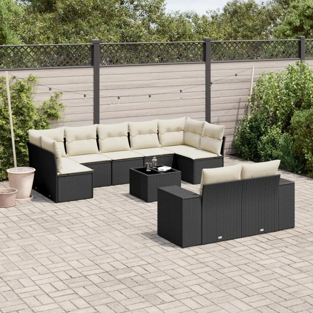 Set divani da giardino 10pz con cuscini in polyrattan nero