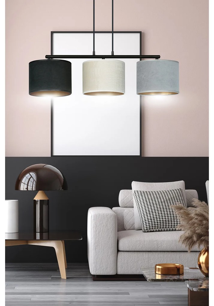 Lampadario 3 Luci Ganesha In Acciaio Nero E Paralumi In Tessuto Multicolore