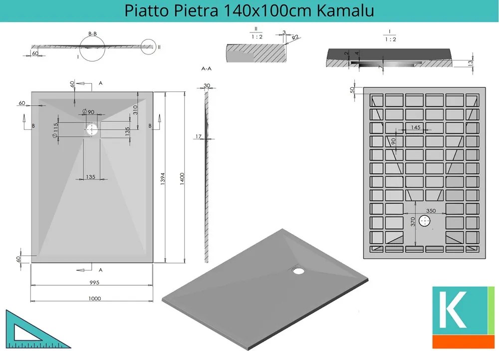Piatto doccia 140x100 effetto pietra colore nero ardesia - KAMALU