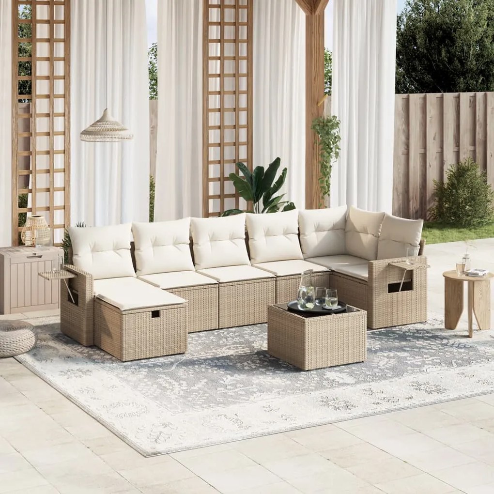 Set Divano da Giardino 8 pz con Cuscini Beige in Polyrattan