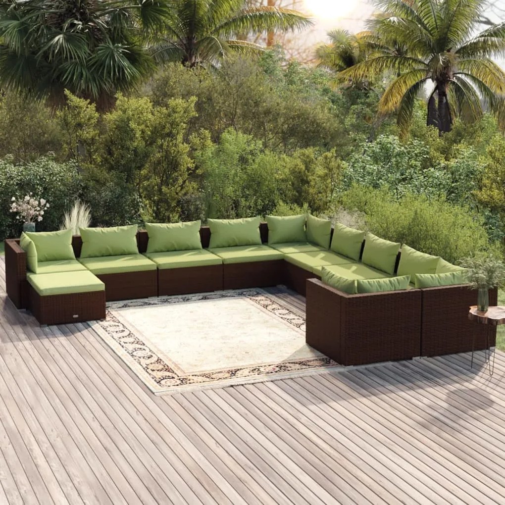 Set Divani da Giardino 11 pz con Cuscini in Polyrattan Marrone