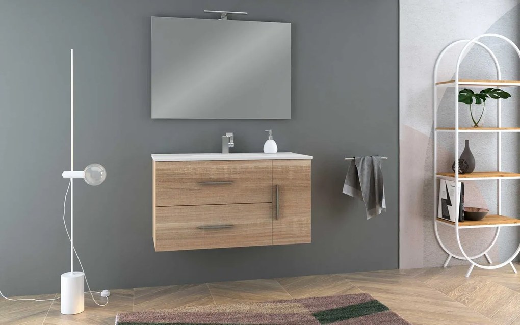Mobile bagno con lavabo L 100 x H 55 x P 46 cm rovere bruge, 1 anta 2 cassetti per vasca centrale Master