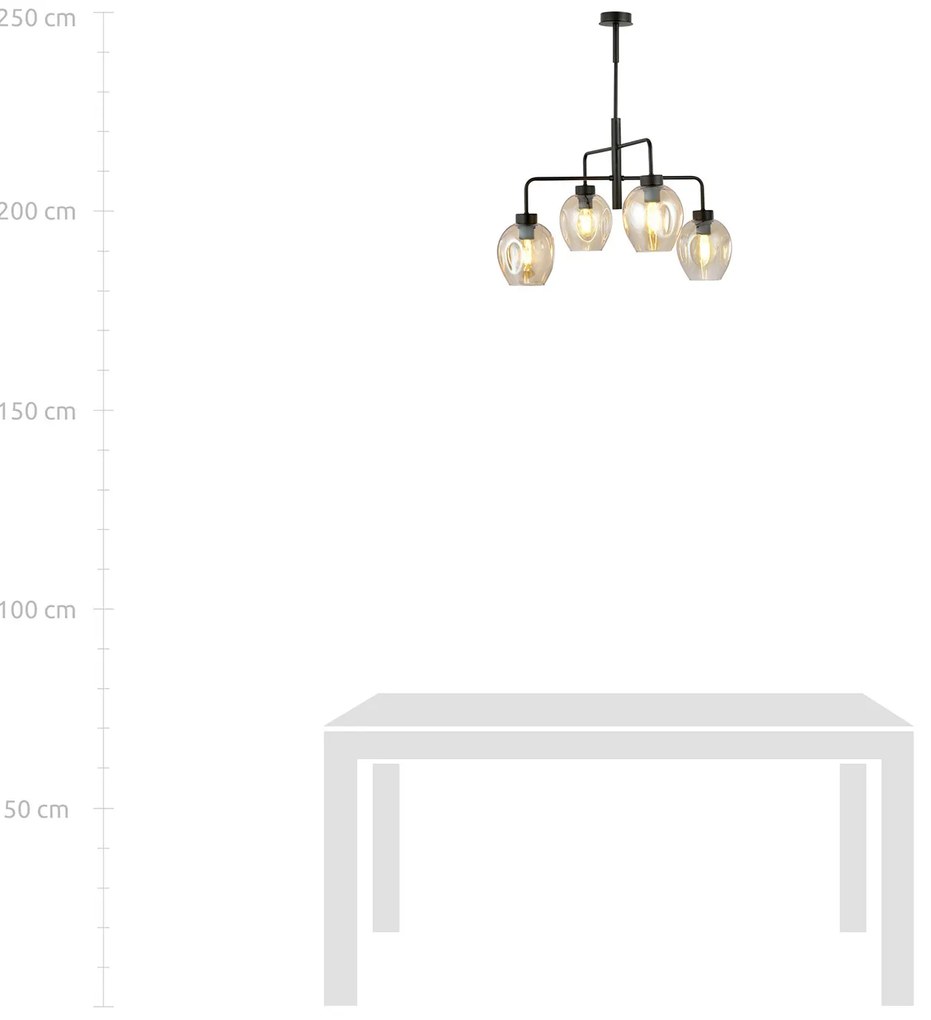 Lampadario Moderno 4 Luci Auriga In Accaio Nero E Vetro Ambra
