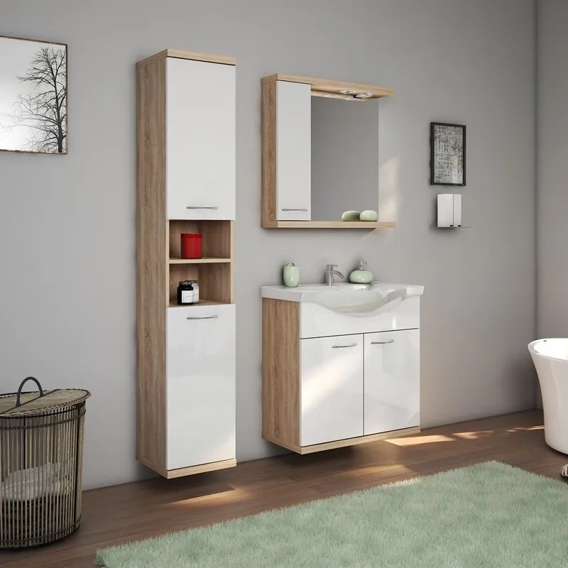 Kamalu - Composizione bagno a terra o sospesa 80 cm bicolore bianco e legno chiaro | LAC ESTIA-80