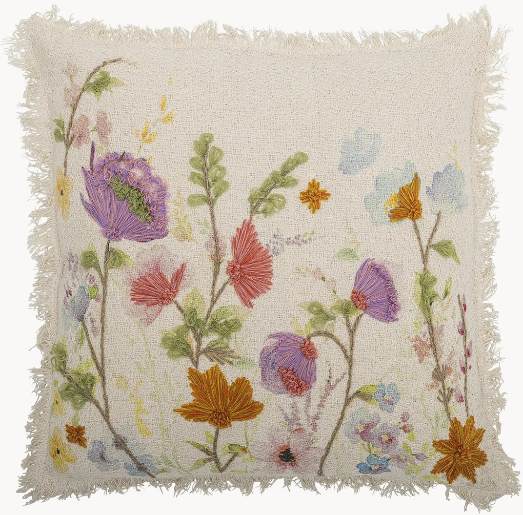Cuscino in cotone ricamato con frange Pogni
