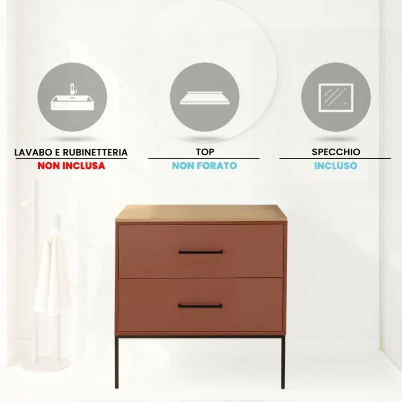 Mobile bagno sospeso 80cm terracotta con due cassetti e specchio Brik