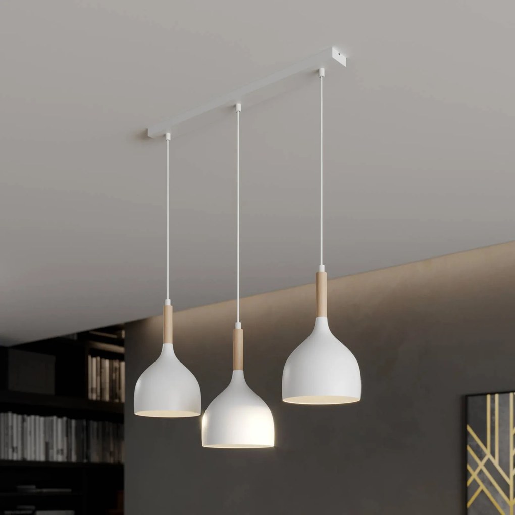 Luminex Lampada a sospensione Noak, bianco/legno naturale, a 3 luci lunga