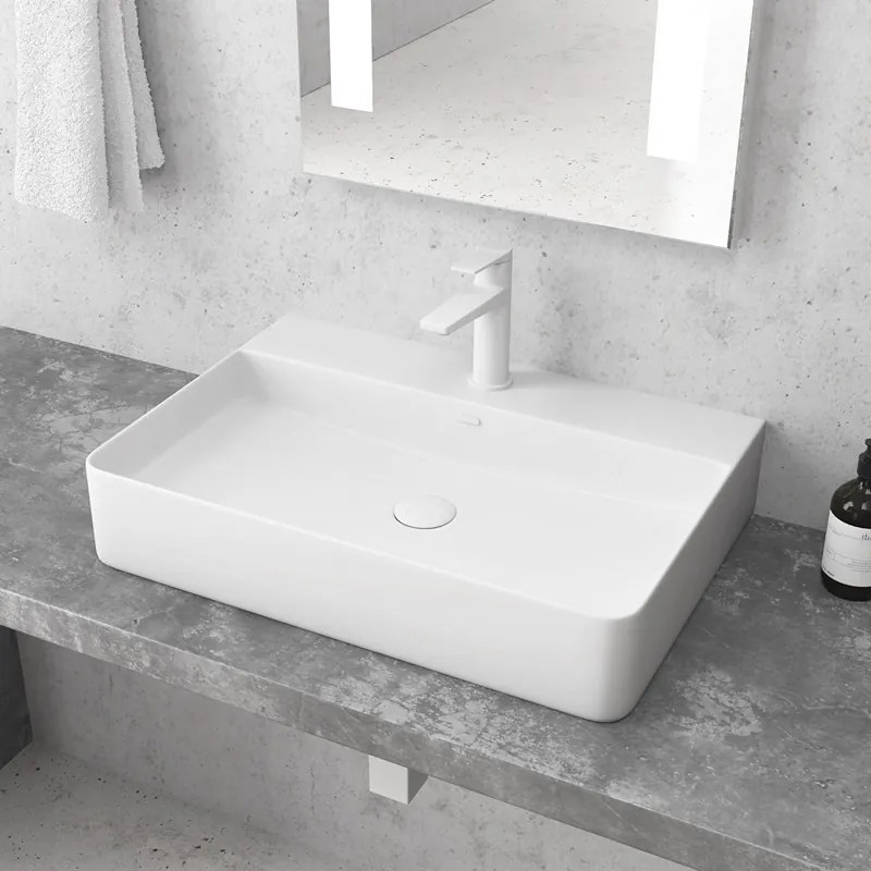 Lavabo appoggio rettangolare in ceramica bianca opaca | Litos-CBM500 - KAMALU