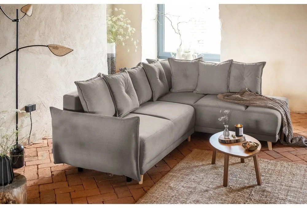 Divano letto in velluto a coste marrone chiaro (angolo destro) Lazy Lukka - Miuform