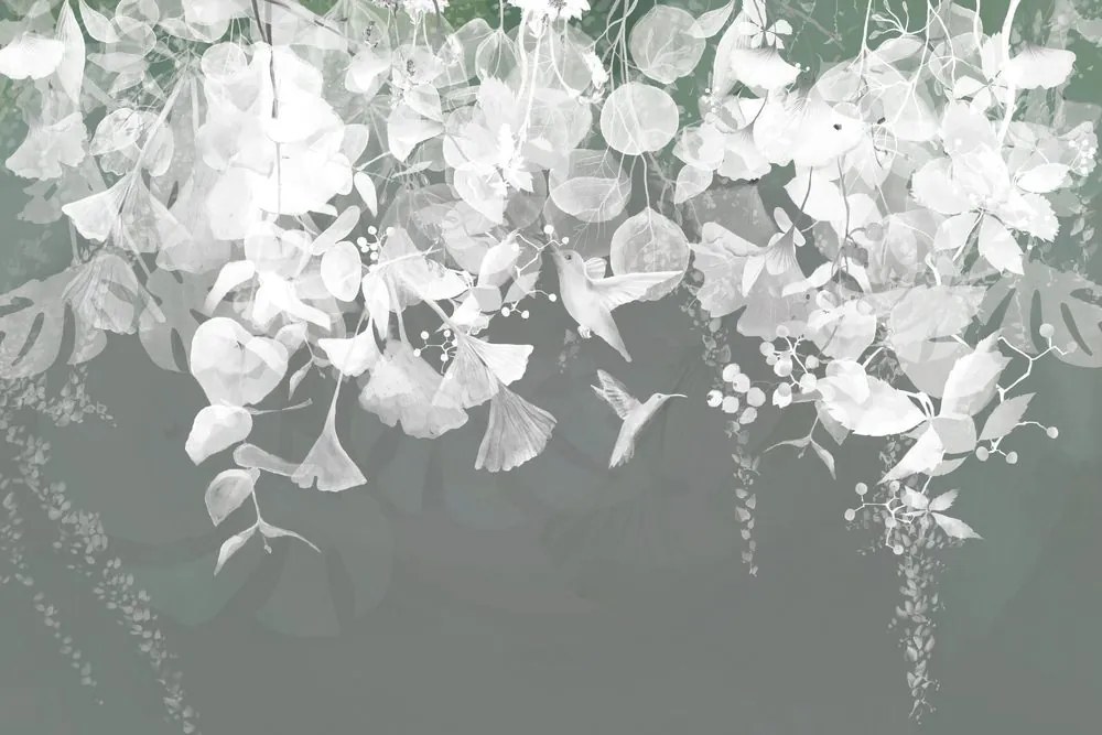 Carta da parati – Foglie Verde-Grigio con Colibrì