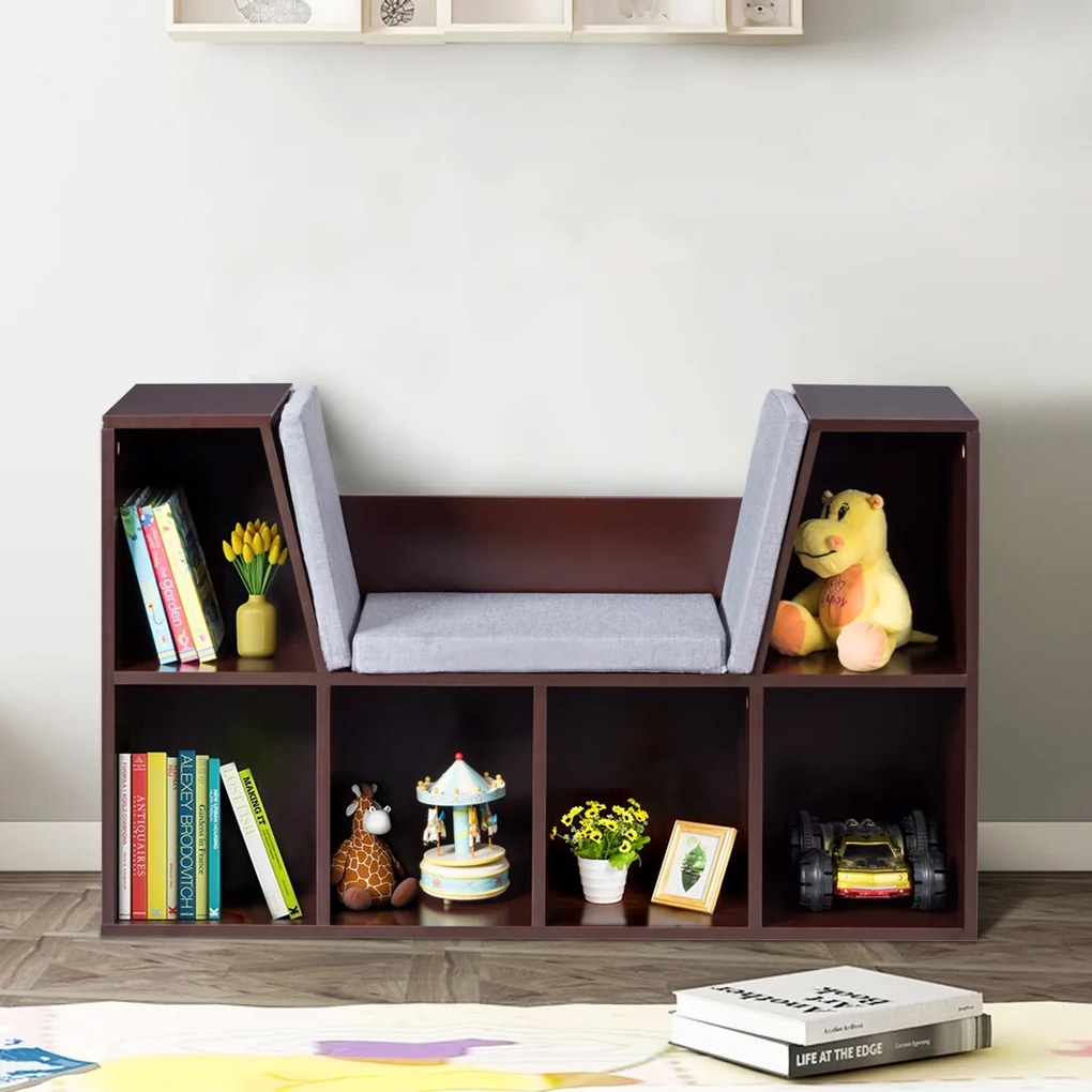 Costway Libreria con cuscino e 6 cubi, Libreria con angolo per leggere per bambini e ragazzi, Marrone