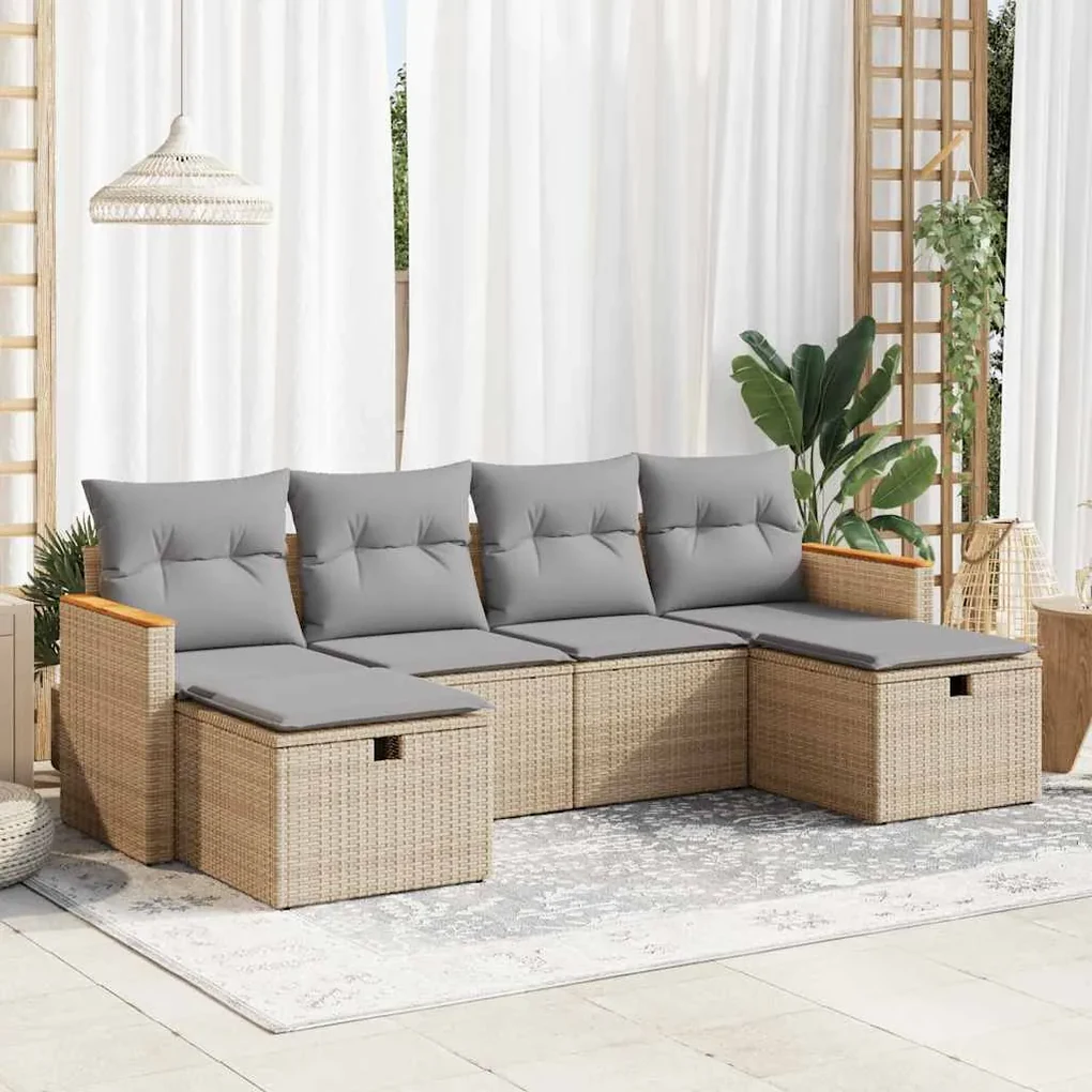 Set divano da giardino 6 pz con cuscini beige in polyrattan