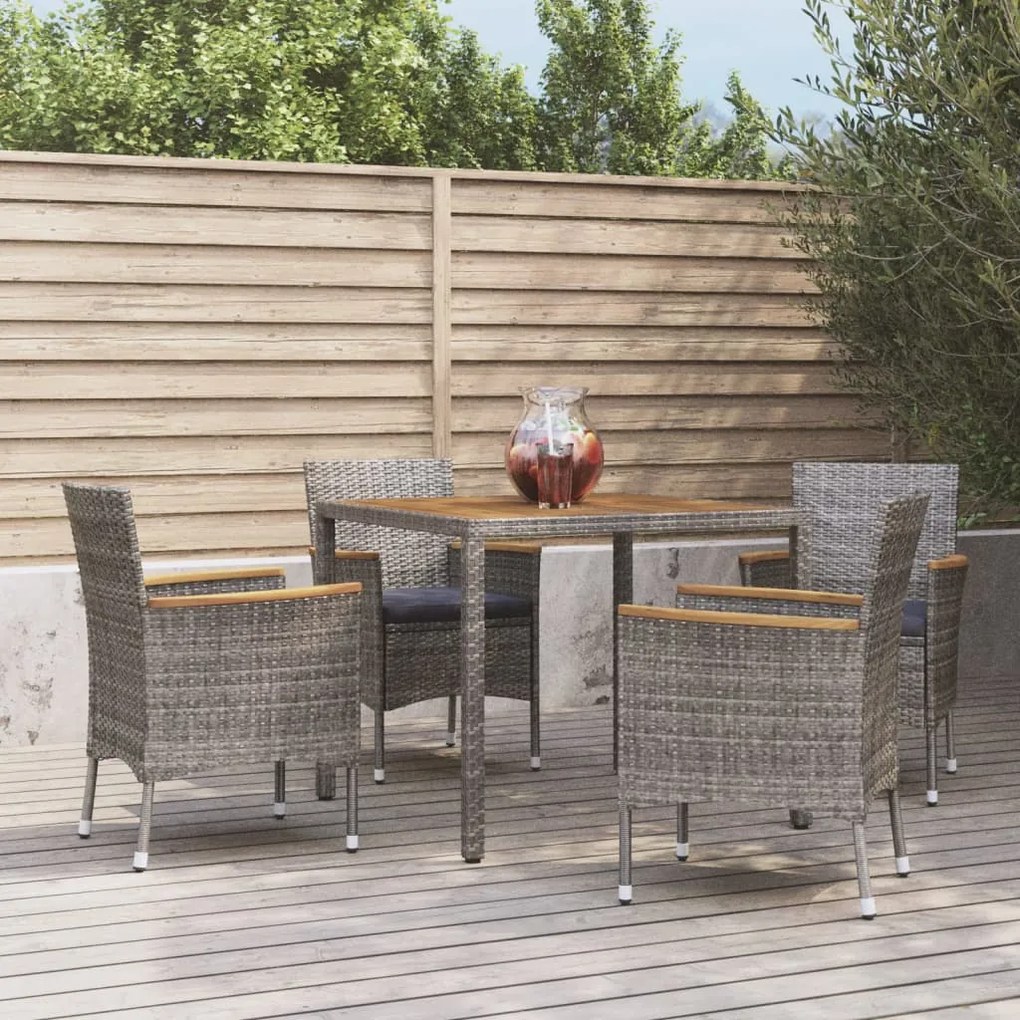 Set da pranzo da giardino 5 pz con cuscini in polyrattan grigio