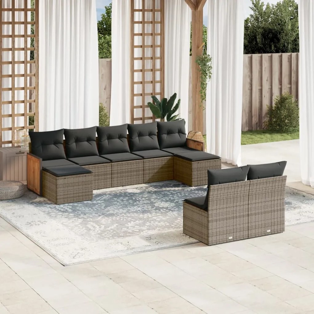 Set divano da giardino 9 pz con cuscini grigio in polyrattan