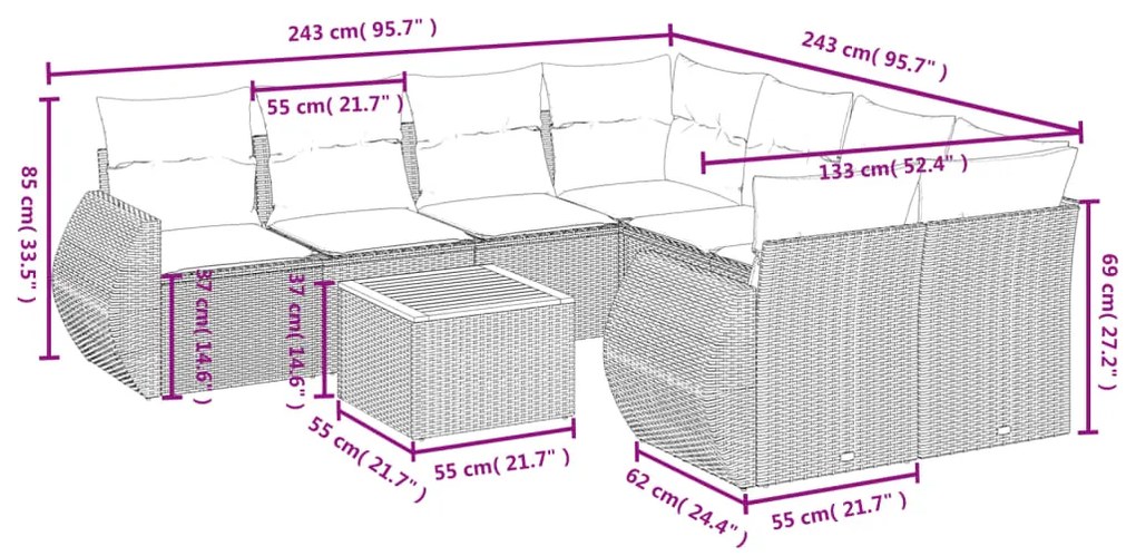 Set divano da giardino 9 pz con cuscini beige in polyrattan