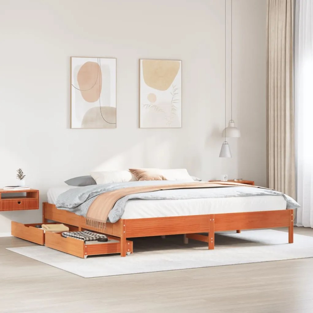 Letto Senza Materasso Marrone Cera 200x200 Cm İn Legno Di Pino /