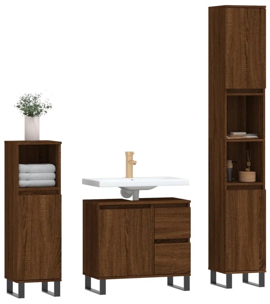 Set mobili da bagno 3 pz rovere marrone in legno multistrato