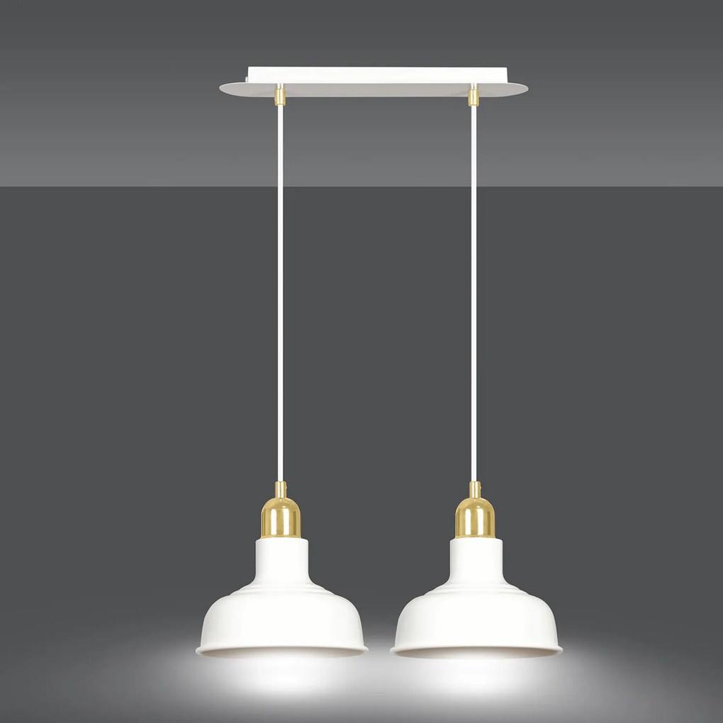 Lampadario Industrial 2 Luci Kubera In Acciaio Bianco Con Elementi In Oro